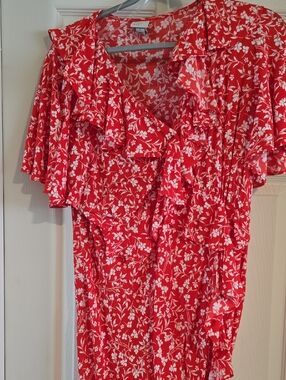 Red Floral Ruffle Short Sleeve Dress
